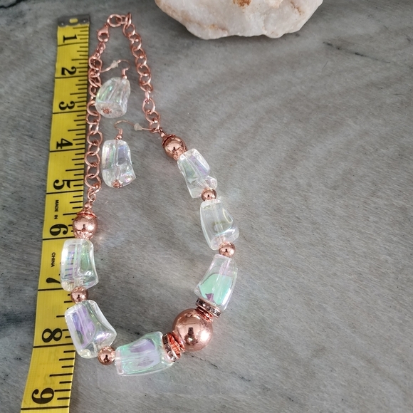 Iridescent Opaline Bead Necklace with Rose Gold Copper Accents and Earrings - Picture 6 of 7